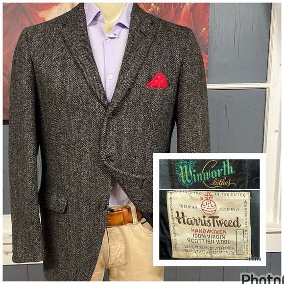 Vintage Harris Tweed Blazer Mens 40R Wool Herringbone Gray/Olive Green/Black